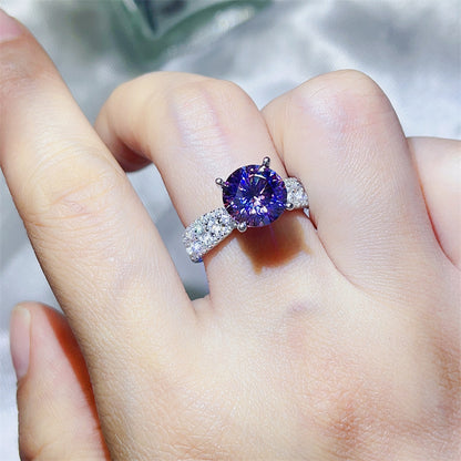 Purple Moissanite Ring for Women, Round Cut Engagement Ring with Pavé Band