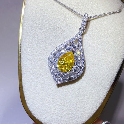 Pear Cut Moissanite Halo Pendant Necklace for Women, Teardrop Pavé Statement Necklace, Pink Center Stone Jewelry Gift