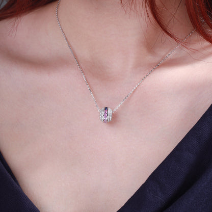 Lab-Grown Sapphire Circle Pendant Necklace, S925 Sterling Silver Rainbow Bezel Set Chain