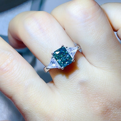Green Moissanite Geometric Ring with Triangle Side Stones for Women