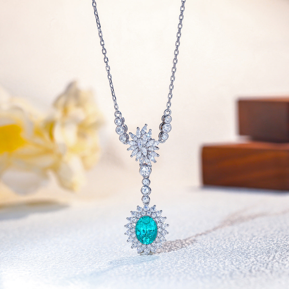 Teal Floral Drop Earrings, Marquise Crystal Halo Studs, 18K Gold Plated product image