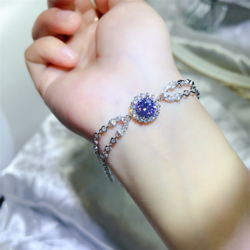 Moissanite Double Layer Bracelet for Women, U Shape Tennis Bracelet with 2 Carat Colored Center Stone product image
