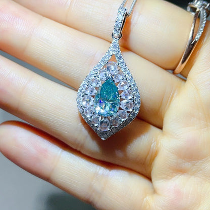 Pear Cut Moissanite Halo Pendant Necklace for Women, Teardrop Pavé Statement Necklace, Pink Center Stone Jewelry Gift