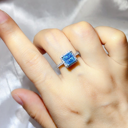 Princess Cut Halo Moissanite Ring for Women, Pink or Blue Engagement Ring, S925 Polished Statement Ring