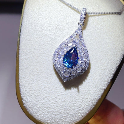 Pear Cut Moissanite Halo Pendant Necklace for Women, Teardrop Pavé Statement Necklace, Pink Center Stone Jewelry Gift