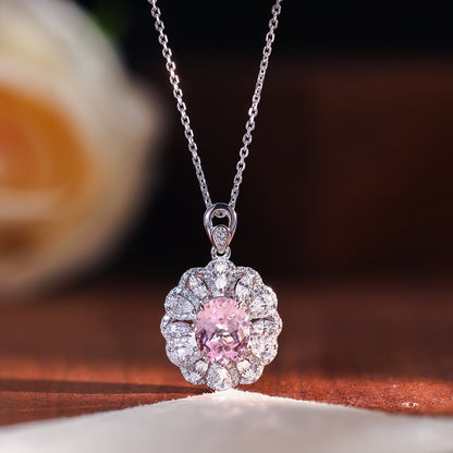 Pink Oval Halo Jewelry Set for Women, Ring, Pendant Necklace and Earrings, 18K Gold Plated S925