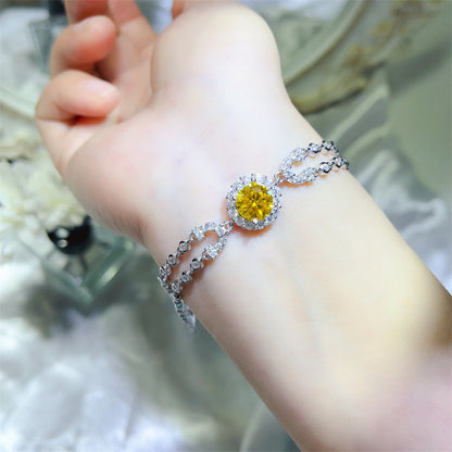 Moissanite Double Layer Bracelet for Women, U Shape Tennis Bracelet with 2 Carat Colored Center Stone