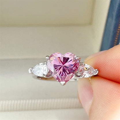 Pink Heart Moissanite Ring for Women, Three-Stone Engagement Ring, Promise Ring Gift