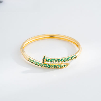 Minimalist Nail Bangle Bracelet for Women – Gold Plated Copper Bracelet with Crystal Pavé