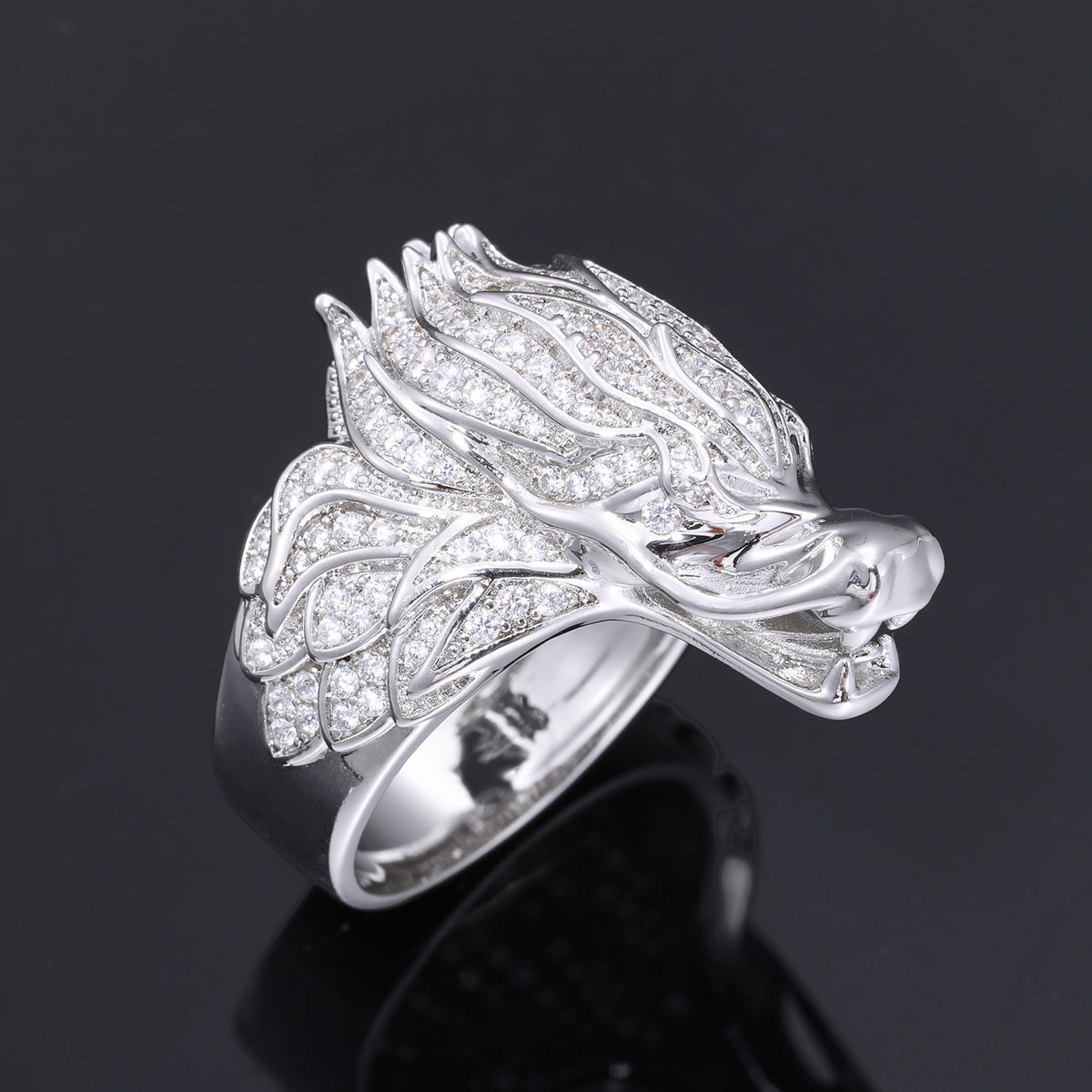 Men's Zircon Dragon Head Ring, Hip Hop Copper Ring, White Tone or Gold Tone, Sizes 7-11 product image