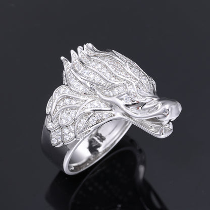 Men's Zircon Dragon Head Ring, Hip Hop Copper Ring, White Tone or Gold Tone, Sizes 7-11