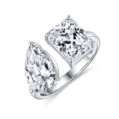 925 Silver Moissanite Open Ring for Women, Double Stone Pear and Emerald Cut, 3+3 Carat Style