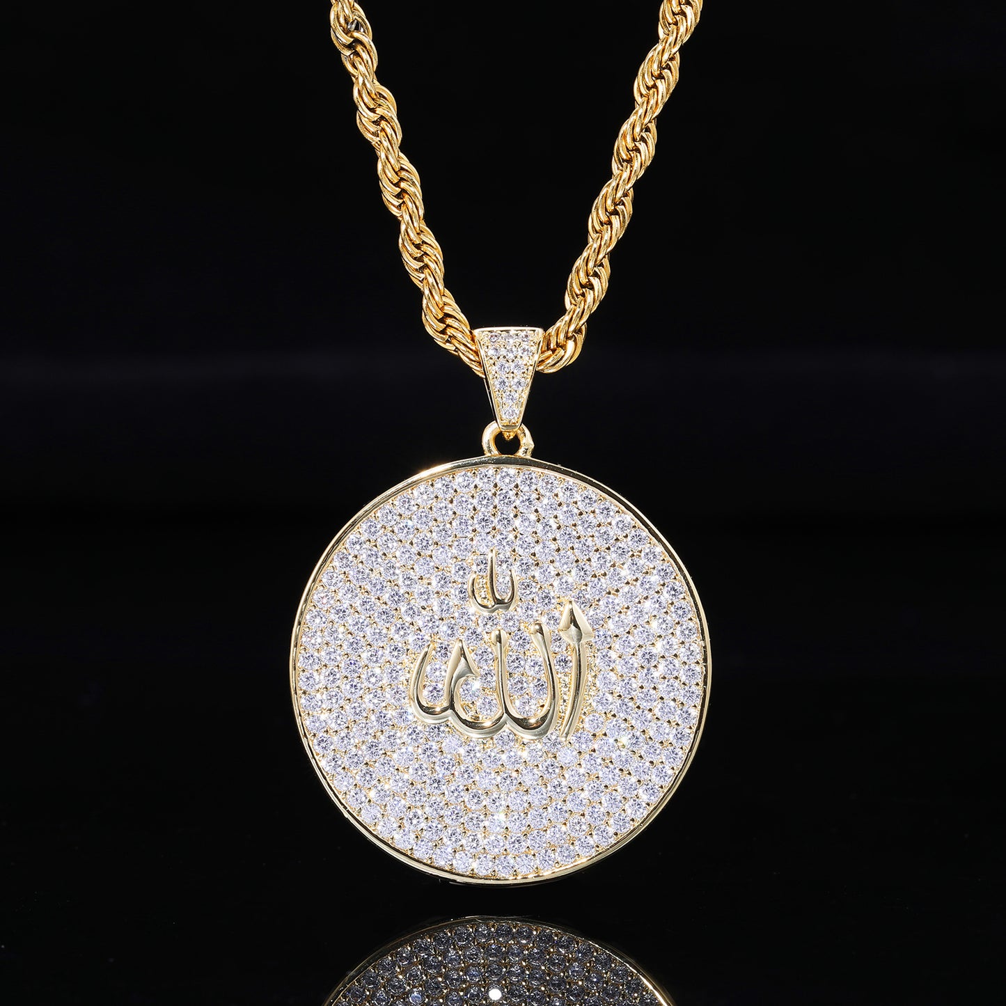 Arabic Calligraphy Zircon Pendant Necklace, Round Rope Chain Hip Hop Jewelry product image