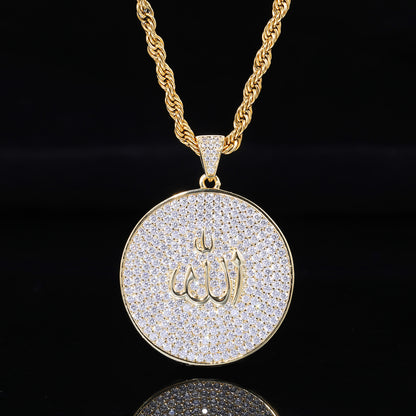 Arabic Calligraphy Zircon Pendant Necklace, Round Rope Chain Hip Hop Jewelry