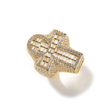 Gold tone cross cubic zirconia statement ring angled view