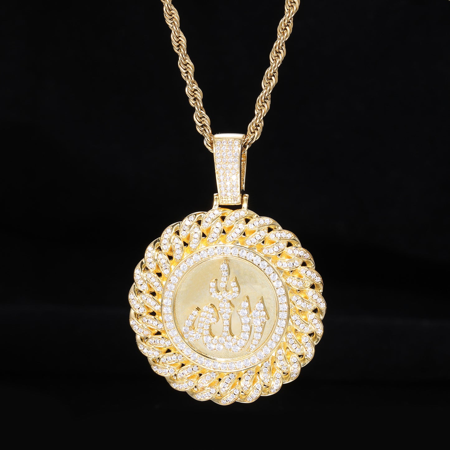 Men’s Arabic Calligraphy Pendant Necklace with Iced Zircon Circle Frame Rope Chain product image