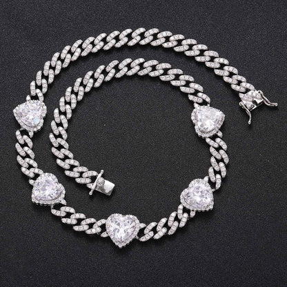 Hip Hop Heart Cuban Link Cubic Zirconia Necklace for Men