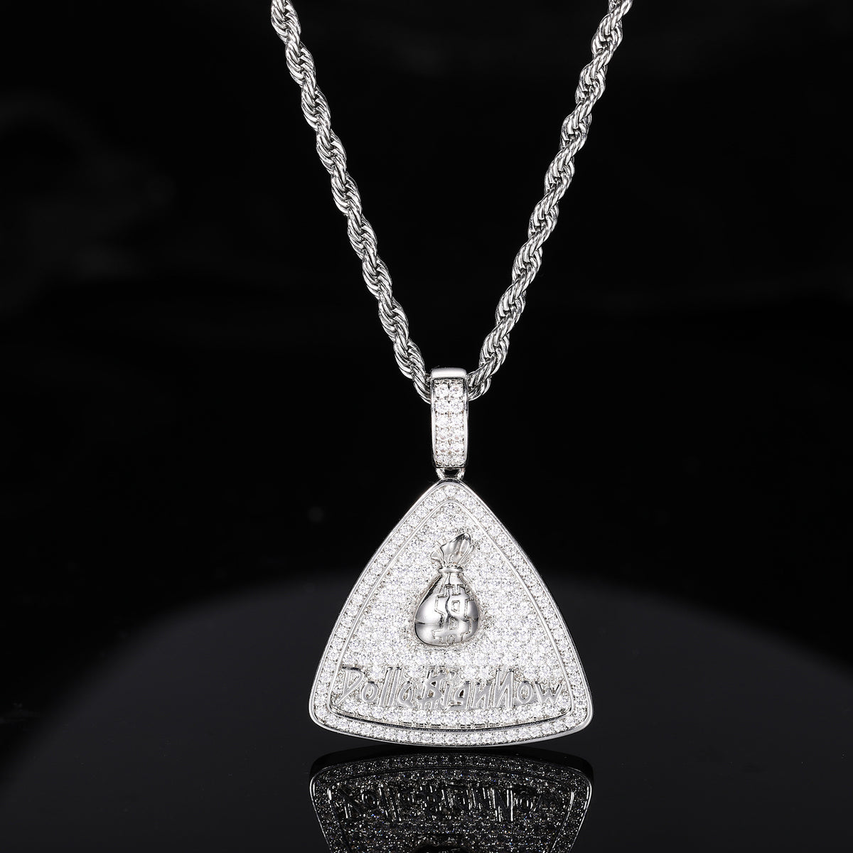Iced Out Triangle Money Bag Pendant Necklace with Rope Chain product image