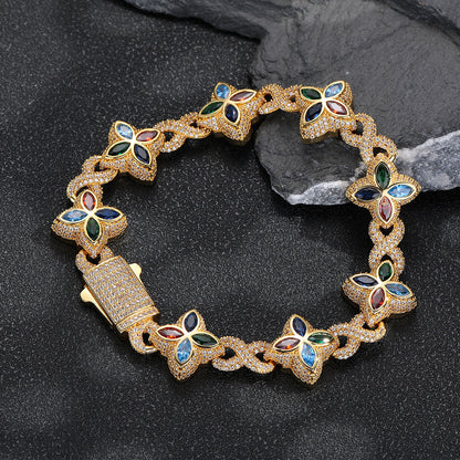 Clover Cuban Link Cubic Zirconia Bracelet & Necklace, Unisex Hip Hop Jewelry