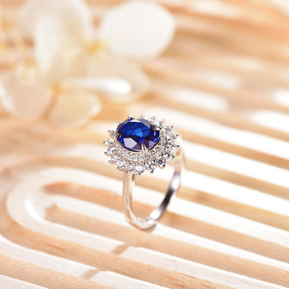 Blue Sapphire Halo Ring, Oval Center Stone Promise Ring, Double Halo Engagement Style Ring