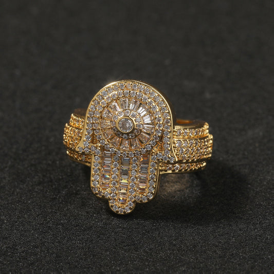 Gold tone iced Hamsa hand cubic zirconia statement ring alternate product image