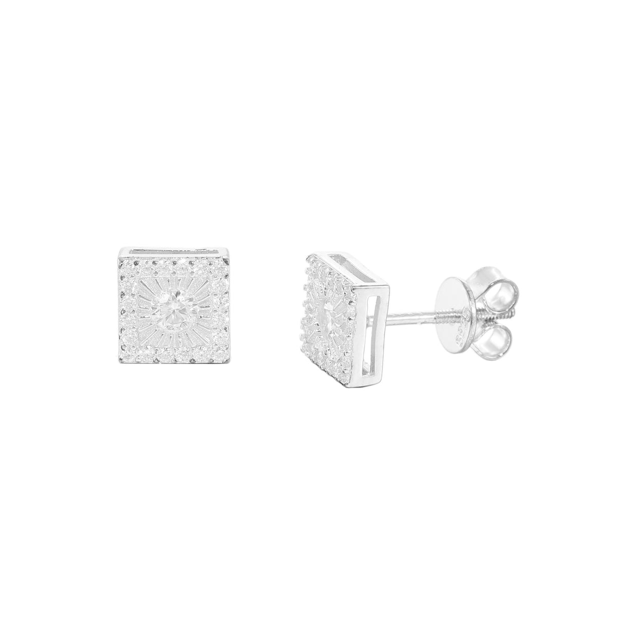 Unisex Iced Out Geometric Stud Earrings in Silver Tone with Moissanite Accent product image