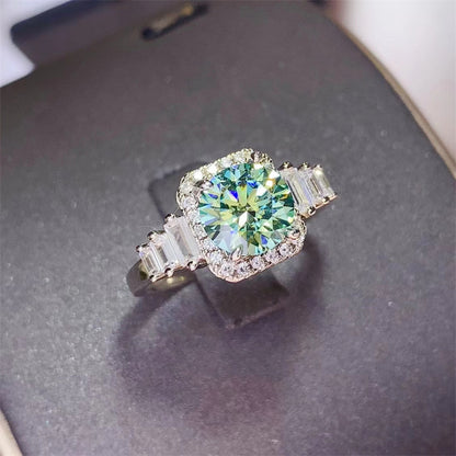 3 Carat Moissanite Halo Ring with Side Baguette Accents, Geometric U Shape Stackable Women’s Ring