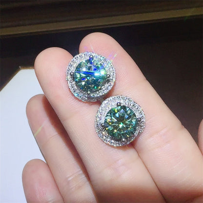 Green Moissanite Halo Stud Earrings for Women, Round Cut 6 Carat Total Ear Studs