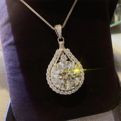 Teardrop Halo Moissanite Pendant Necklace for Women, Round Cut Statement Collarbone Chain, White or Green Stone Options