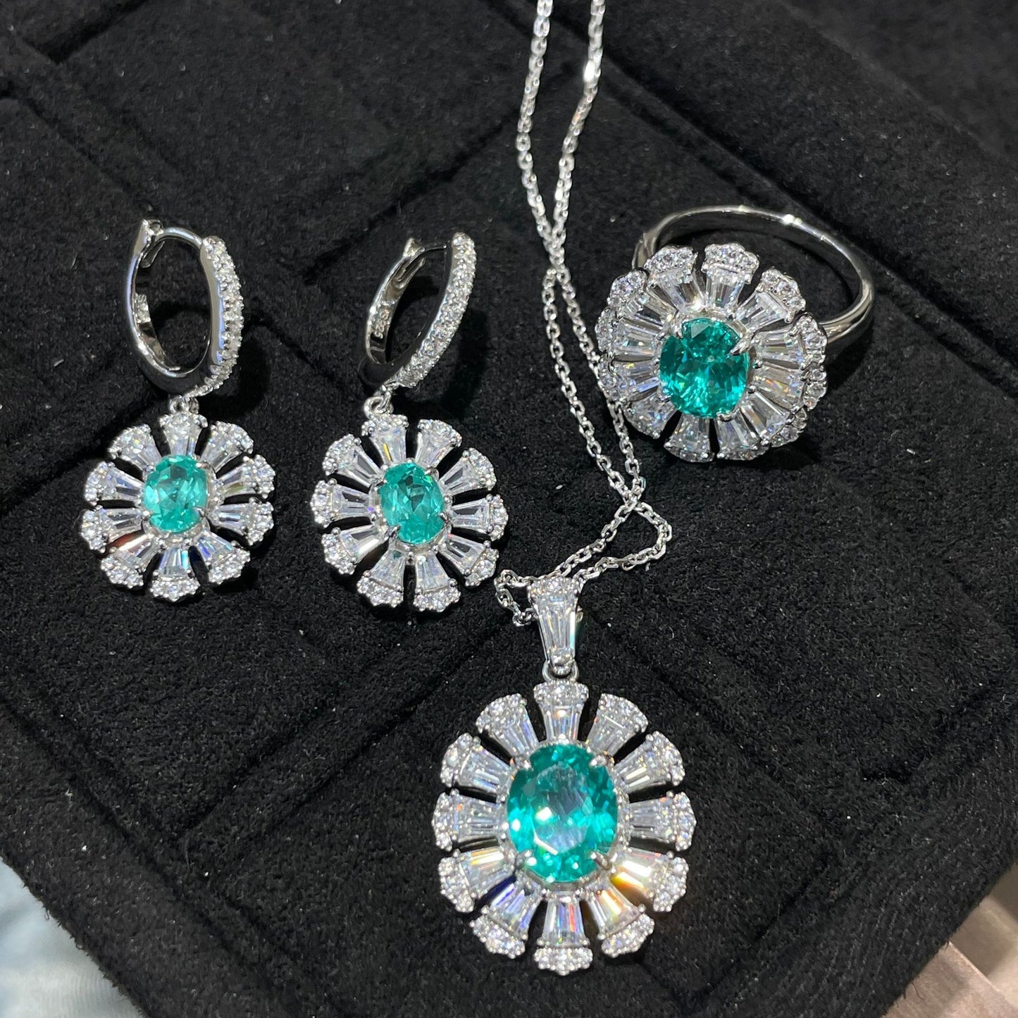 Teal Flower Jewelry Set, Matching Earrings, Ring and Pendant Necklace product image