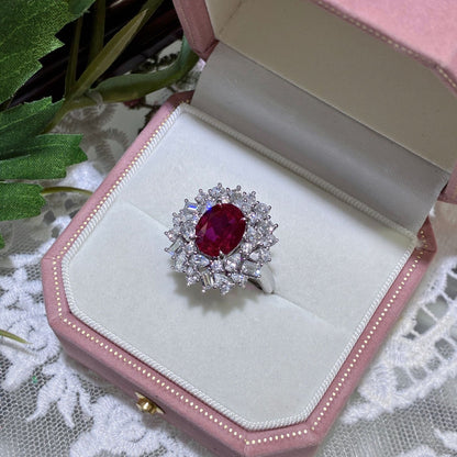 3 Carat Lab Grown Red Ruby Halo Ring for Women, Oval Statement Ring