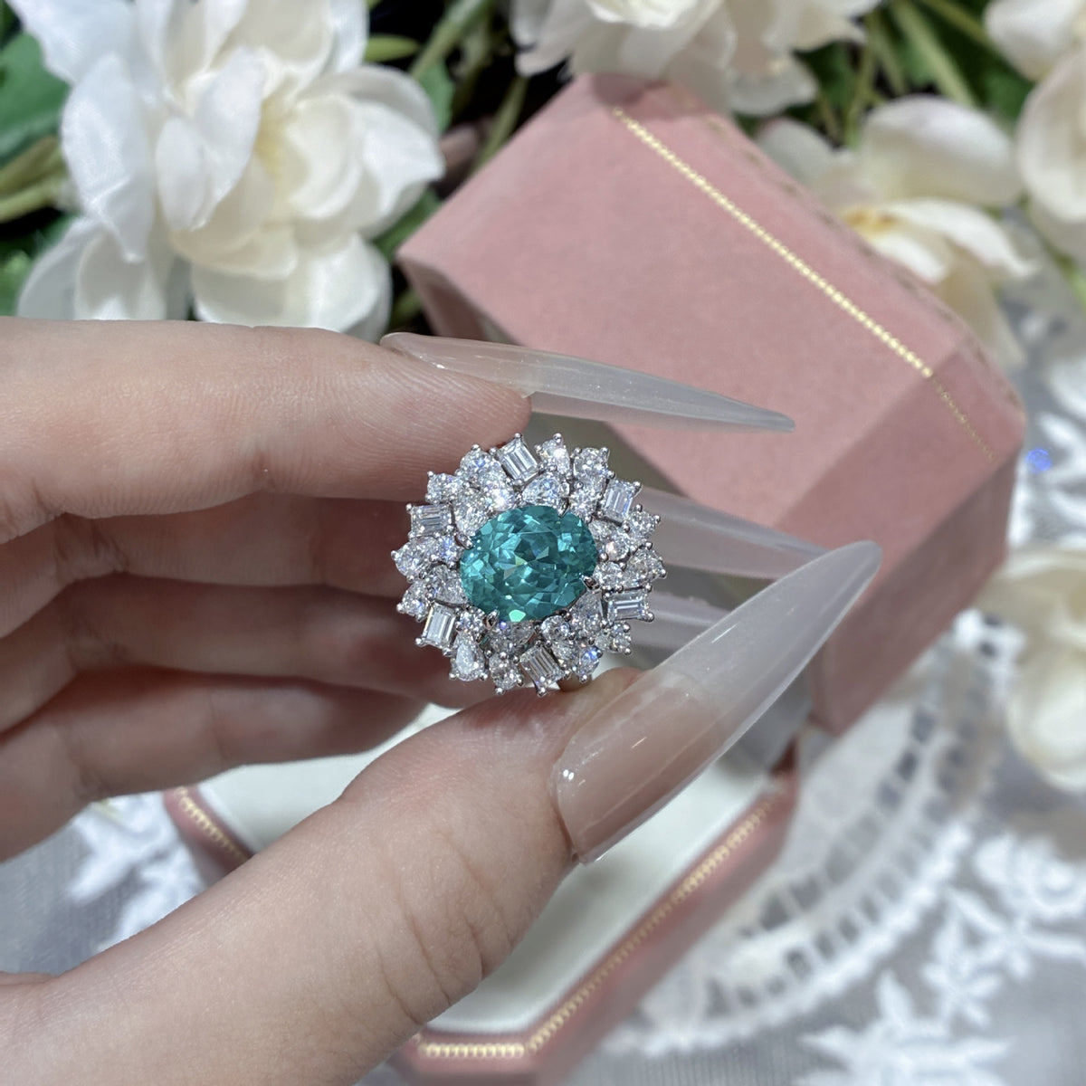 3 Carat Oval Green Blue Halo Ring, Vintage-Inspired Statement Ring for Women product image