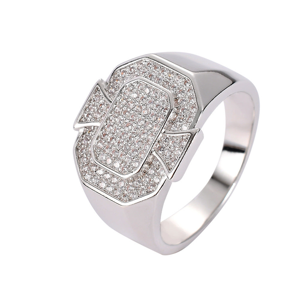 Hip Hop Geometric Cubic Zirconia Ring for Men