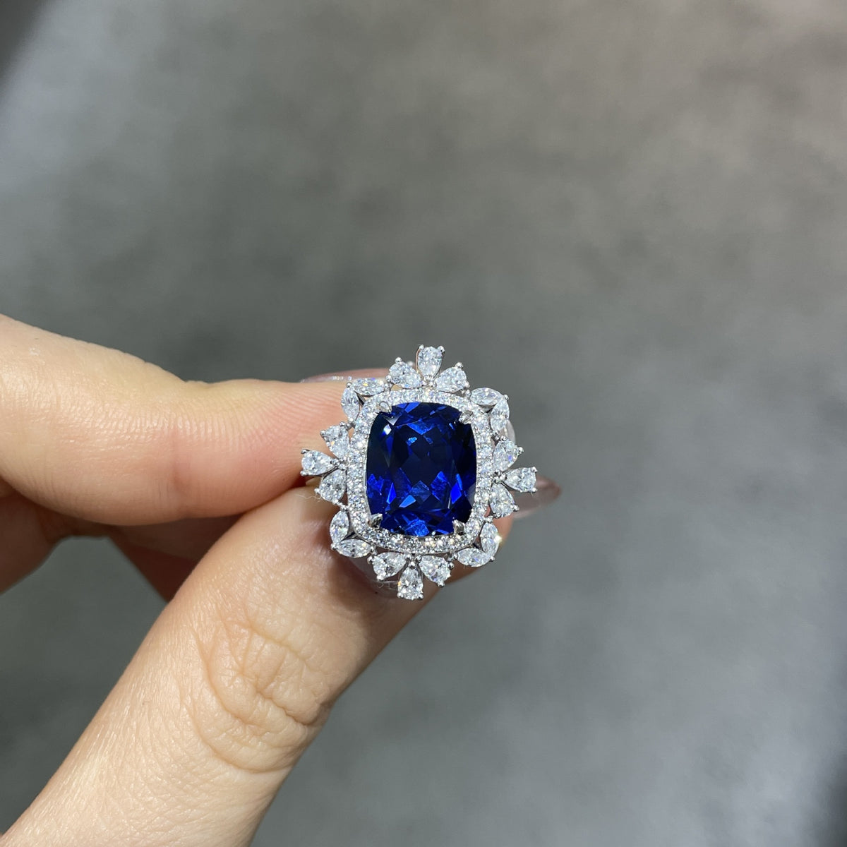 Blue Cushion-Cut Halo Jewelry Set, Ring Necklace Earrings, S925 Silver product image