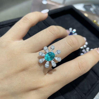 925 Silver Flower Ring, 2 Carat Oval Gemstone Daisy Cluster Ring for Women