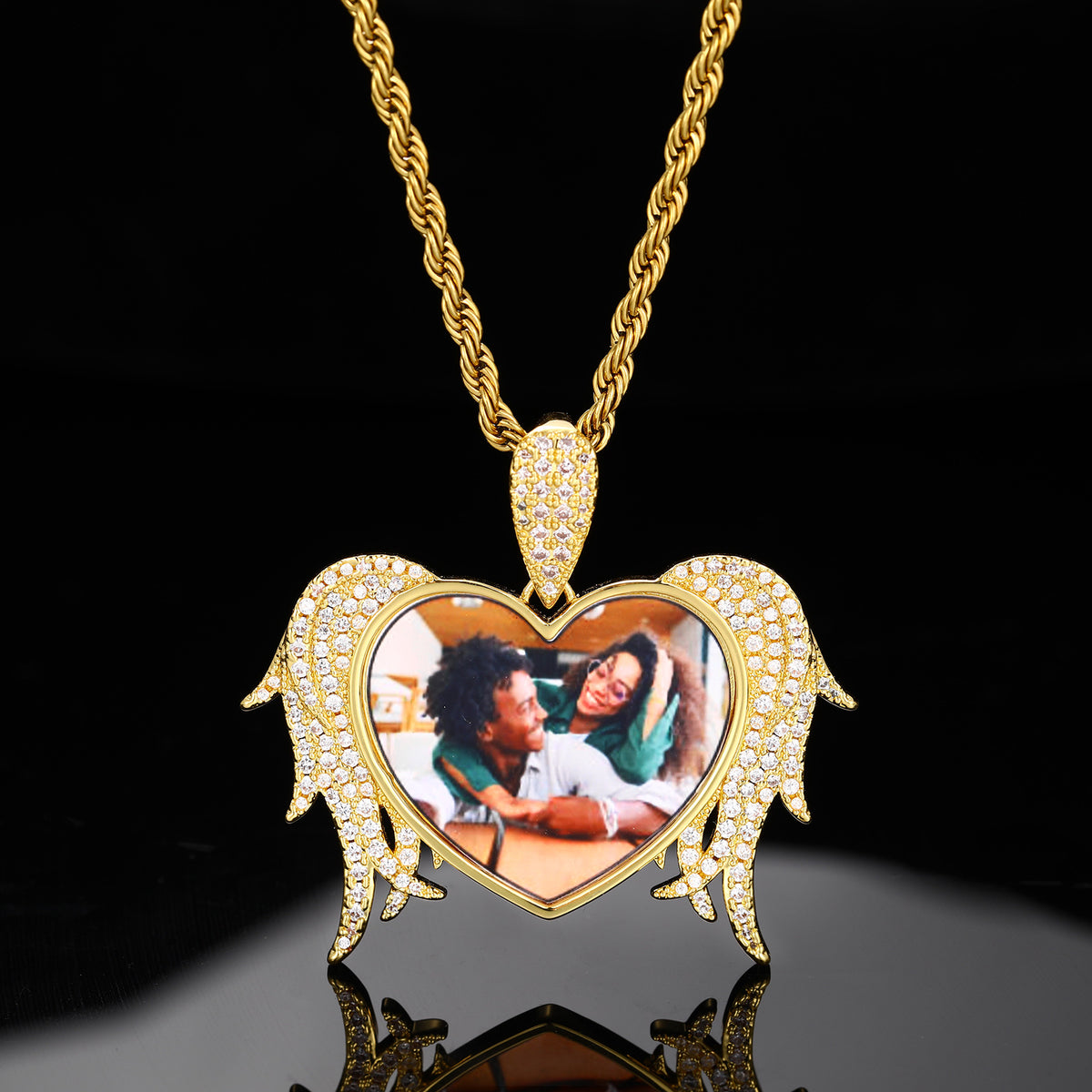 Custom Photo Heart Wing Pendant Necklace in Silver Tone with Rope Chain product image