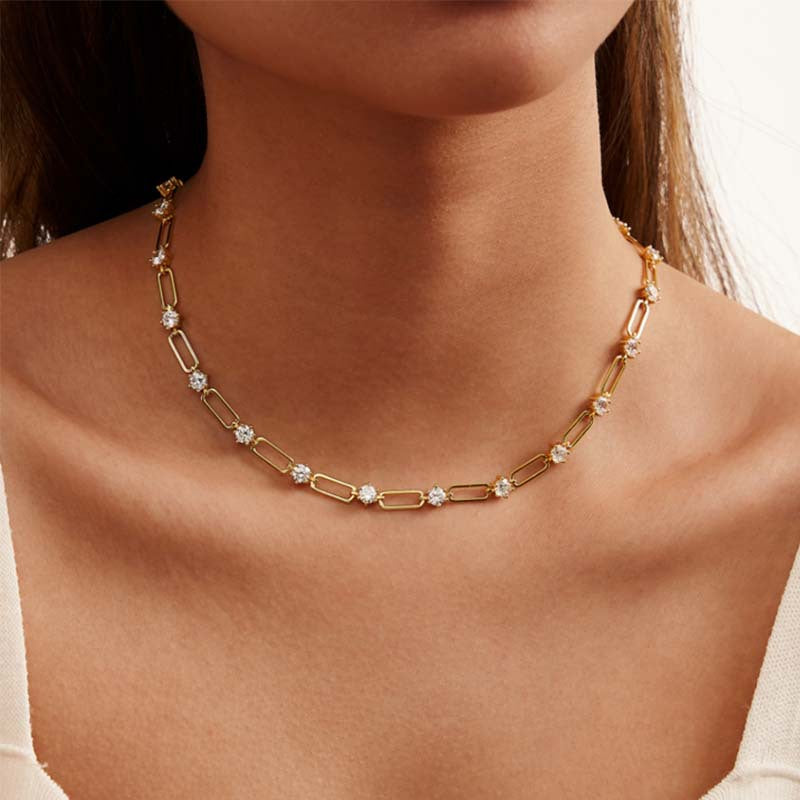 18K Gold Paperclip Link Moissanite Necklace, Round Stone Station Chain product image