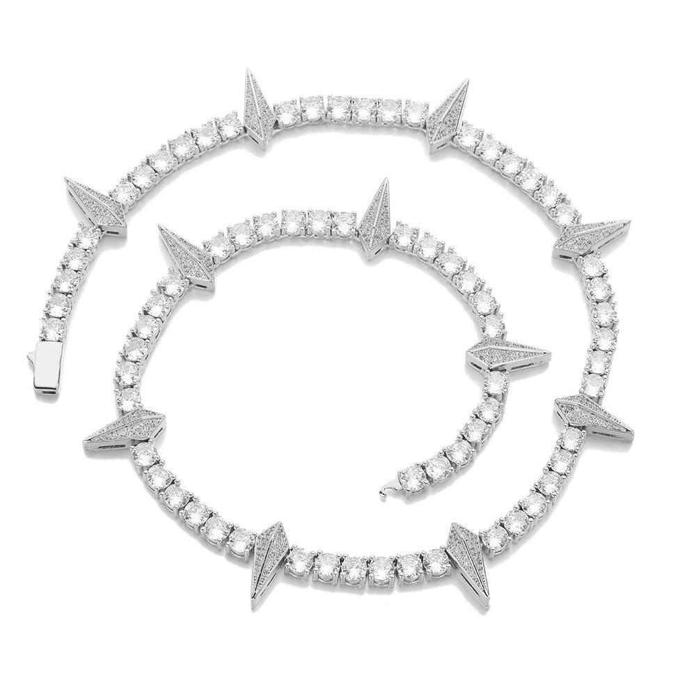 Purple Cubic Zirconia Spike Tennis Chain Bracelet and Necklace Set, Unisex Hip Hop Jewelry