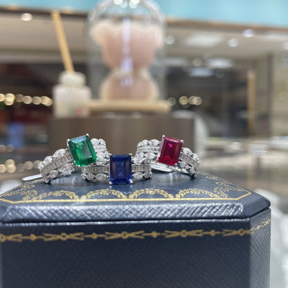18K Gold Plated Colored Stone Ring for Women, S925 Silver Halo Ring with Rectangular Lab-Grown Center Stone
