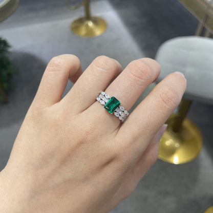 18K Gold Plated Colored Stone Ring for Women, S925 Silver Halo Ring with Rectangular Lab-Grown Center Stone