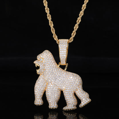 Iced Out Gorilla Pendant Necklace, Hip Hop Animal Charm Rope Chain