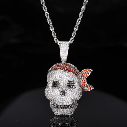 Iced Out Pirate Skull Pendant Necklace for Men - Hip Hop Cubic Zirconia Rope Chain Statement Jewelry