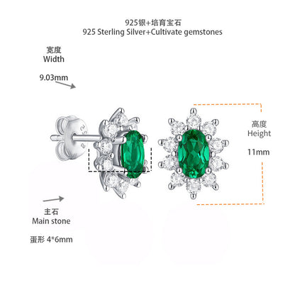 Lab-Created Emerald Oval Halo Stud Earrings, S925 Silver