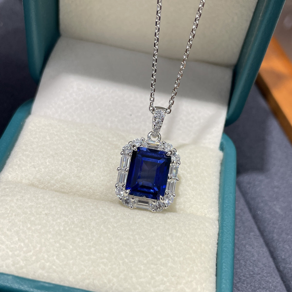 Blue Rectangular Sapphire Pendant Necklace with Halo Chain product image
