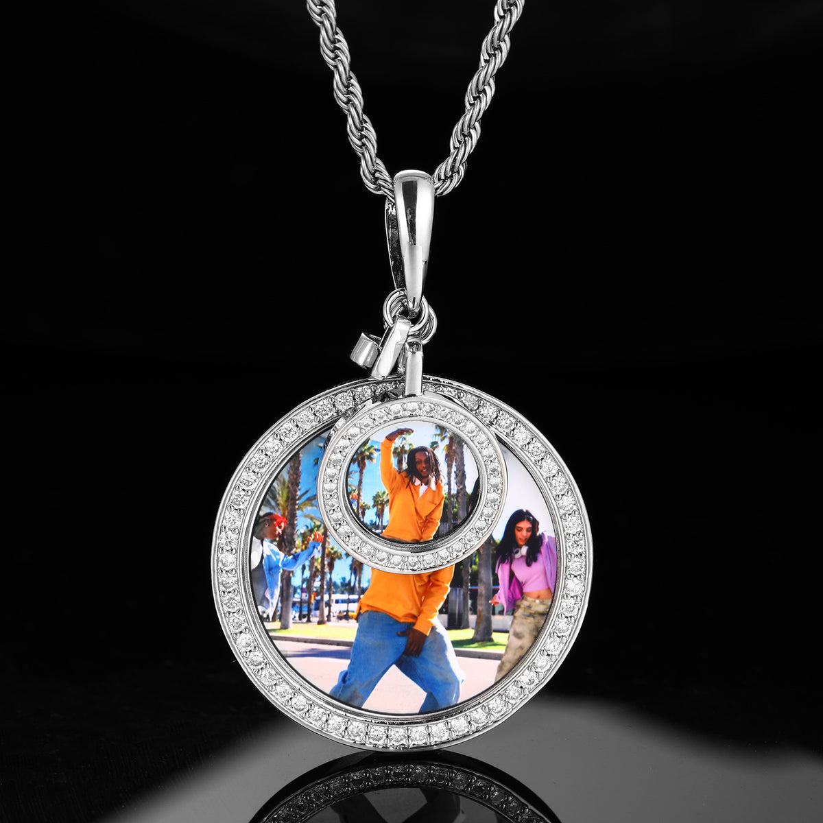 Iced Out Round Photo Pendant Necklace with Rope Chain - Custom Picture Hip Hop Chain in Silver, Gold, or Rose Gold Tone product image
