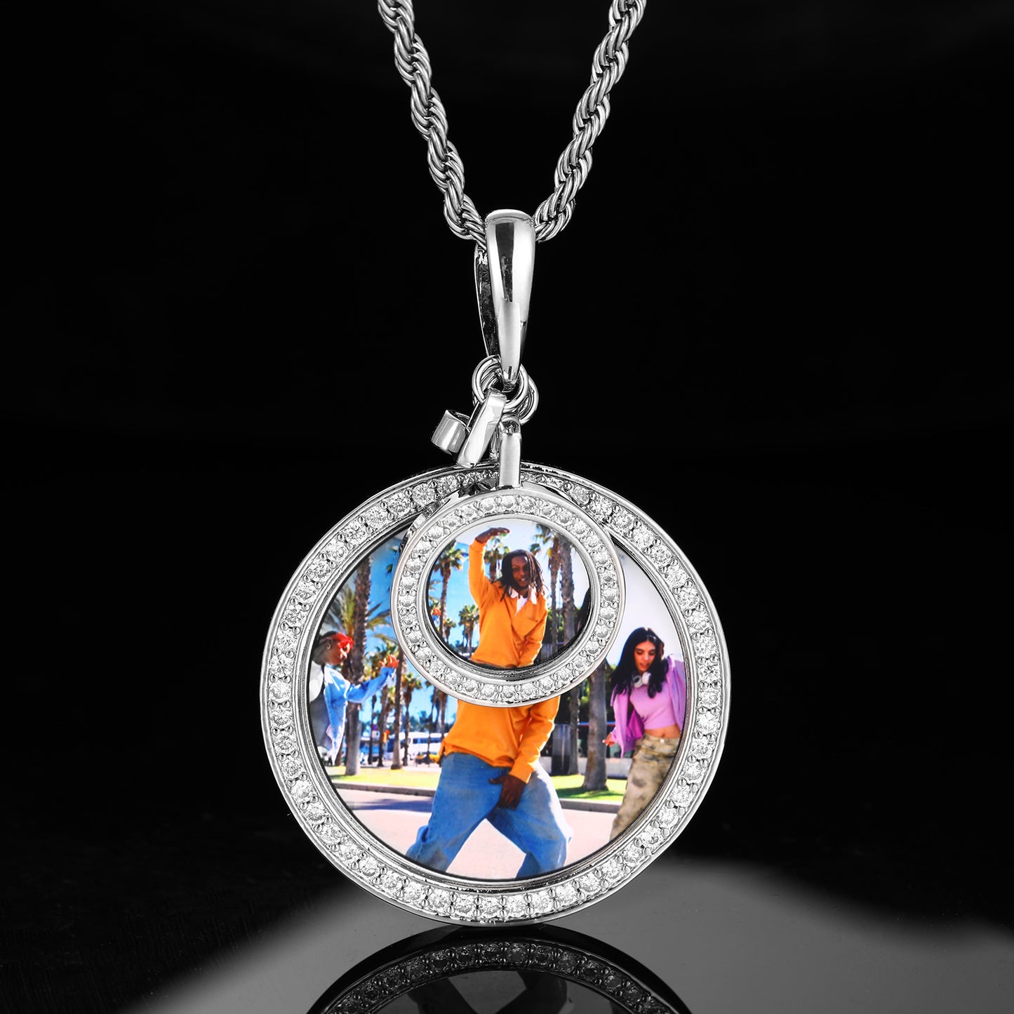 Iced Out Round Photo Pendant Necklace with Rope Chain - Custom Picture Hip Hop Chain in Silver, Gold, or Rose Gold Tone product image
