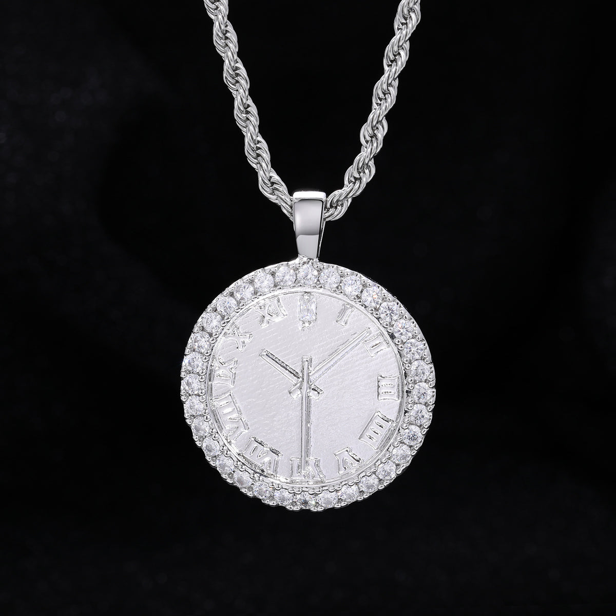 Iced Out Roman Numeral Clock Pendant Necklace in 925 Silver Tone with Cubic Zirconia product image