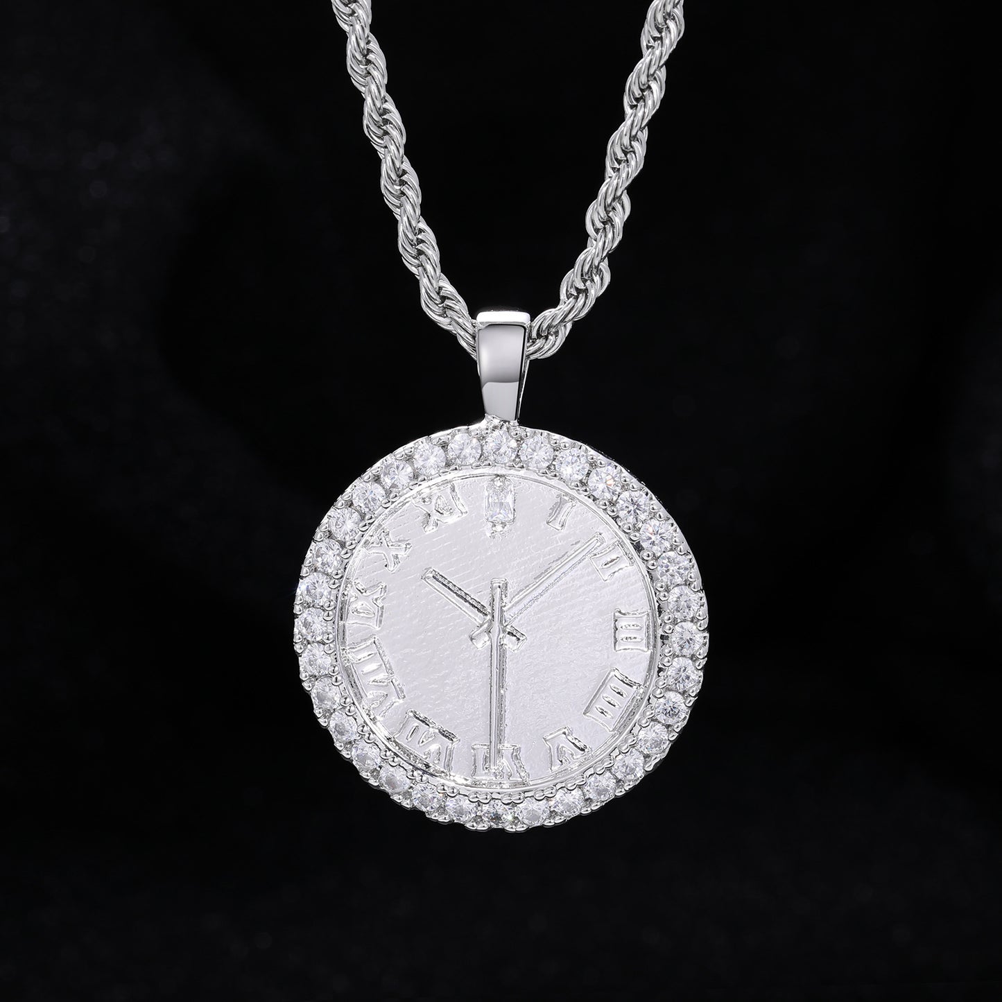 Iced Out Roman Numeral Clock Pendant Necklace in 925 Silver Tone with Cubic Zirconia product image