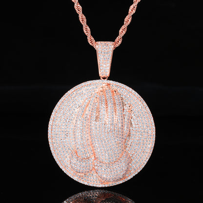 Men's Praying Hands Pendant Necklace, Iced Out CZ Round Medallion Chain