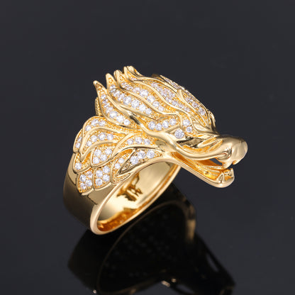 Men's Zircon Dragon Head Ring, Hip Hop Copper Ring, White Tone or Gold Tone, Sizes 7-11